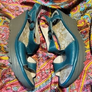 Fly London Teal Genuine Leather Sandals Wedge Heel Women's Size 36 5.5 6
